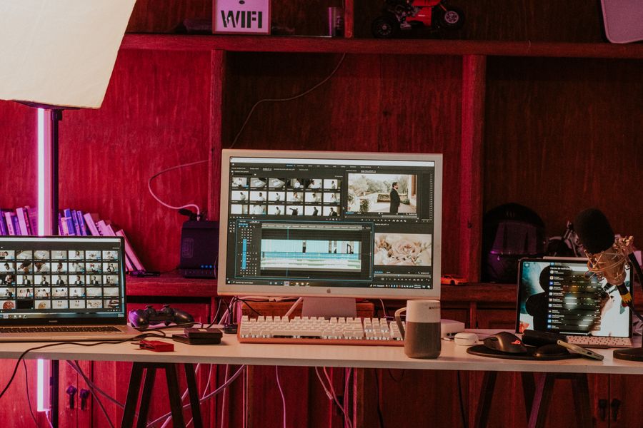 Computer and a laptop with editing software — Add an Image dashboard mockup
