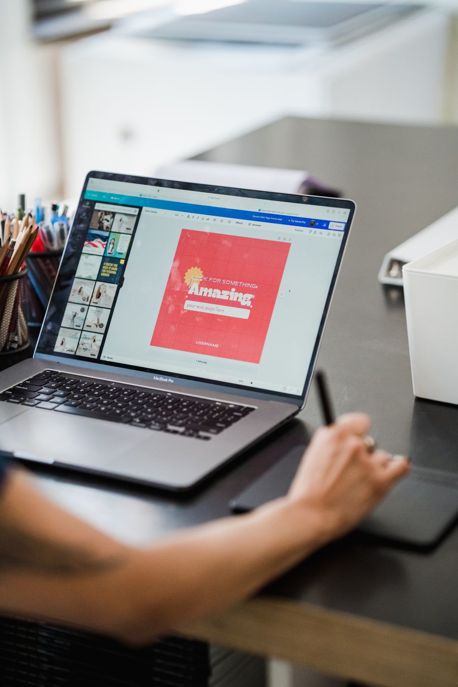 Person working with graphic — Documents templates browser mockup