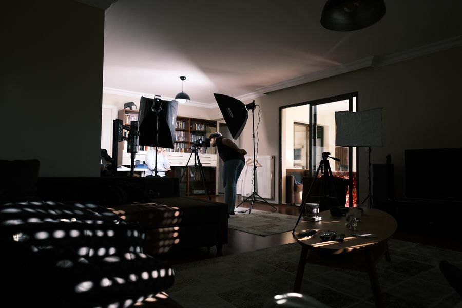 Man and woman doing photo session in home office — Documents templates resize-canvas mockup