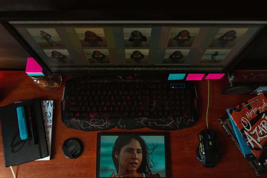 A computer monitor and tablet displaying pictures of a woman — Add Text technique