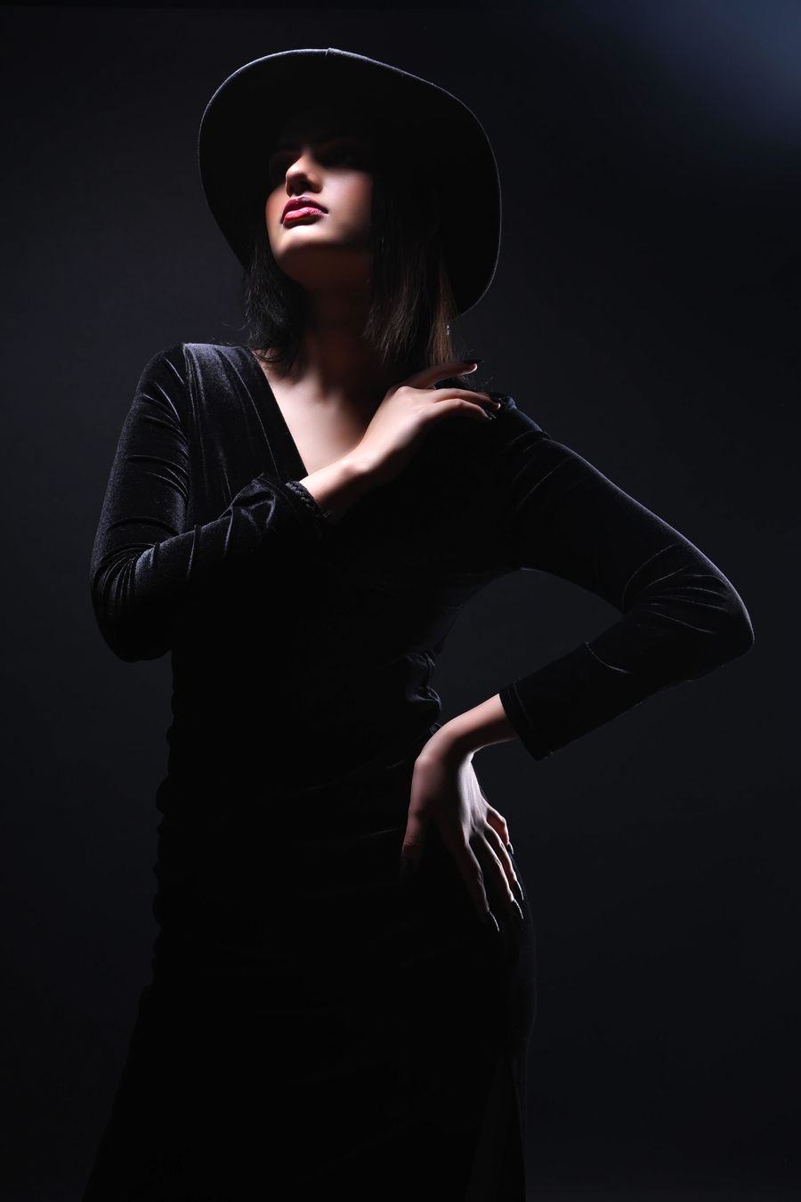 Model in velvet dress and hat — Add a Shape layers-panel mockup
