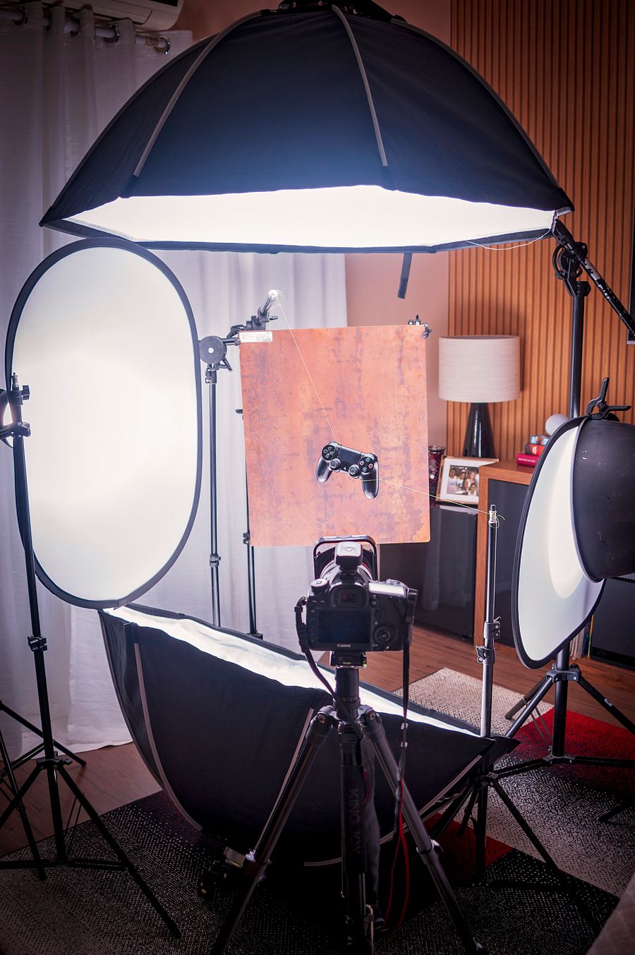 Lamps and reflector around controller at studio — stock photo for Add Text