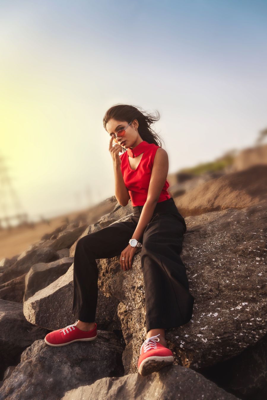 Women s red sleeveless top and black pants — Start from a template, finish in minutes browser mockup