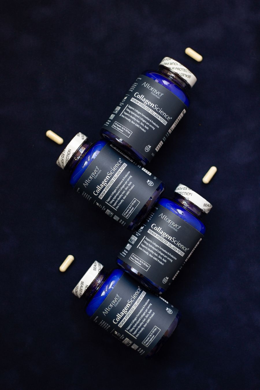Altneve collagen supplements on navy blue background — stock photo for Video templates
