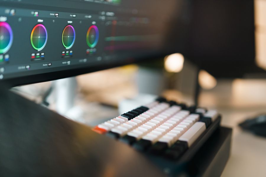 Professional video editing workspace with keyboard — Welcome back