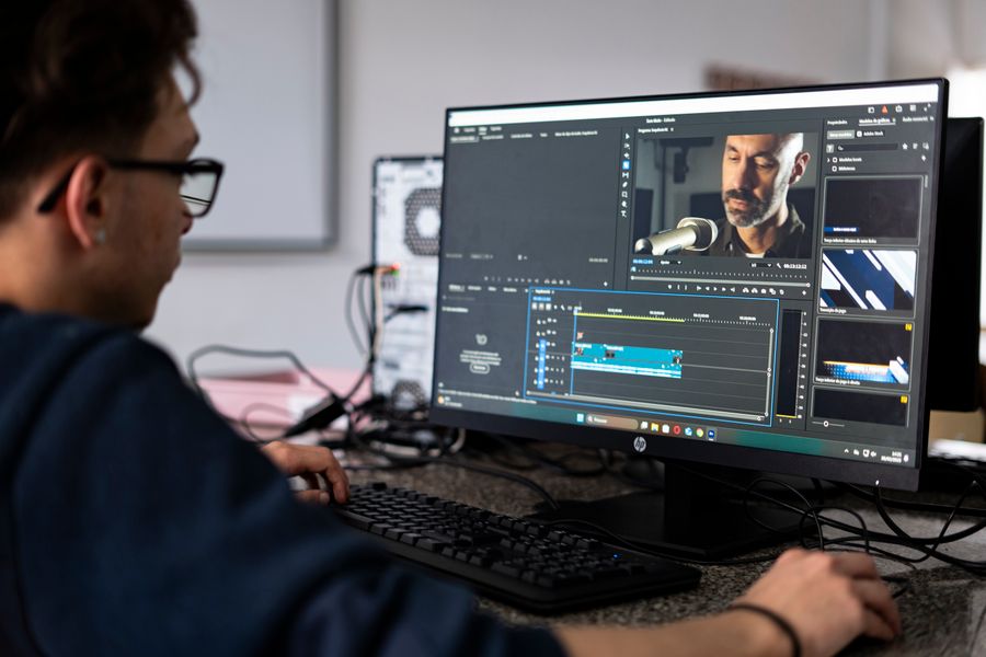 Video editor working on desktop computer in office — stock photo for Simple pricing, no watermarks, no gotchas