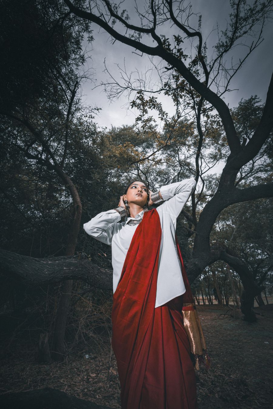 Dramatic portrait of woman in nature with red saree — Documents in use
