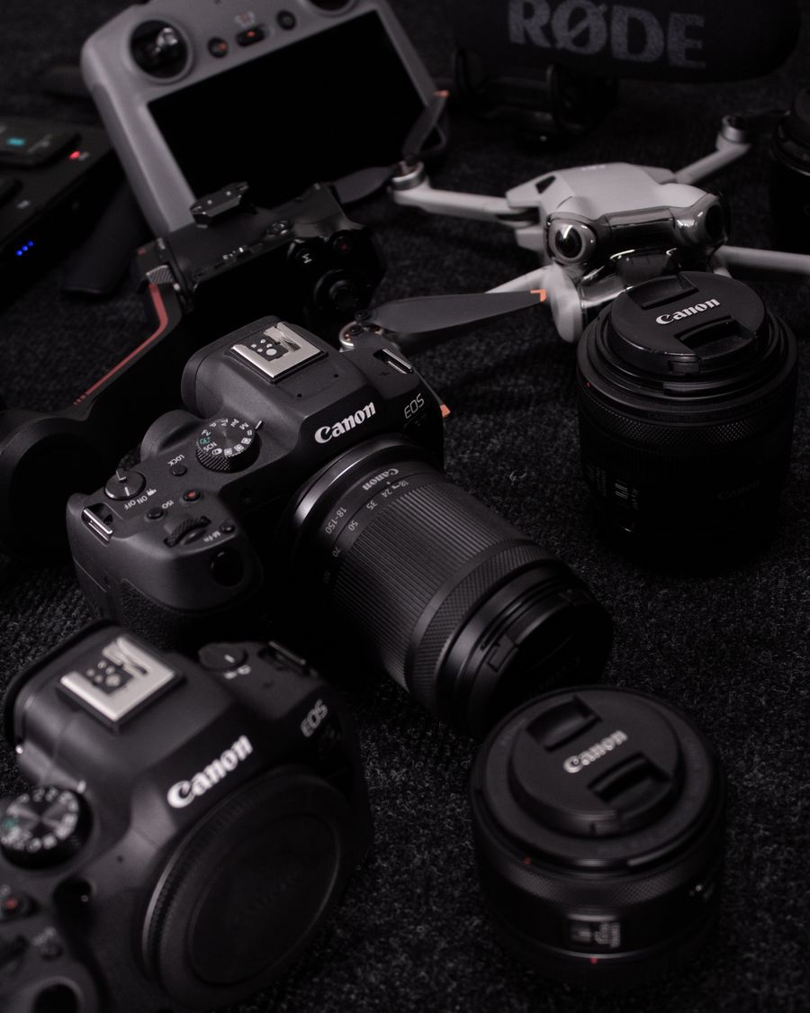 Professional photography gear including cameras and drones — Pinterest Pins annotated figure