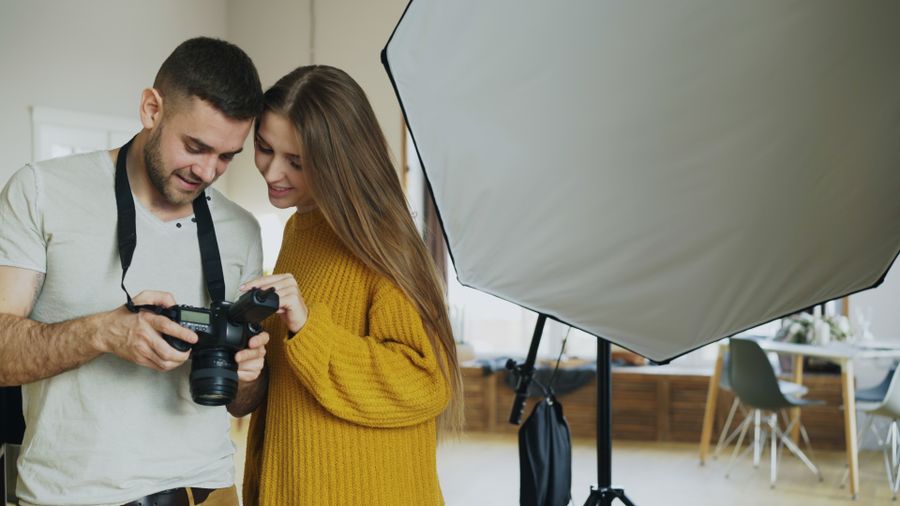 Photographer and model reviewing images in studio — Add an Image dashboard mockup