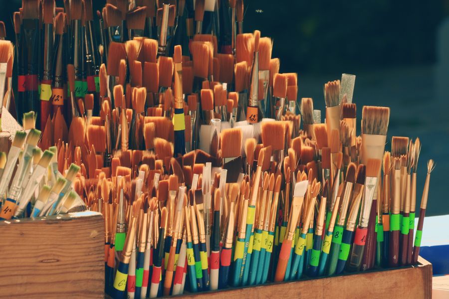 Assorted paintbrushes in wooden holder — Instagram Posts & Stories templates template-card mockup