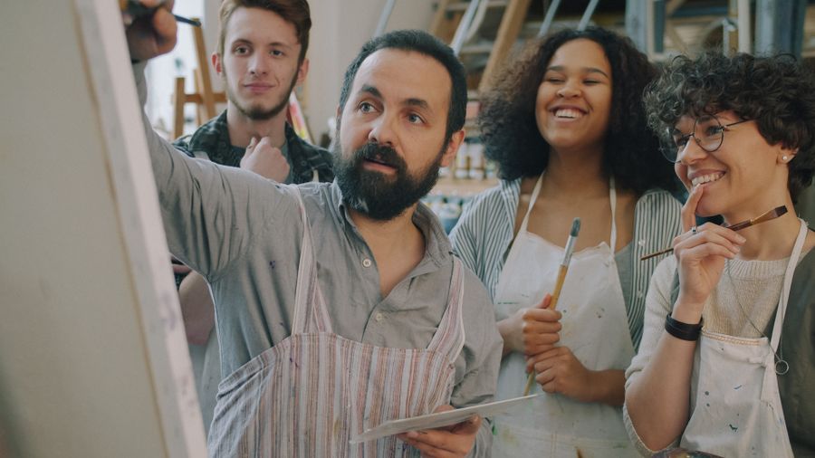Group of artists engaged in a painting workshop — Instagram Posts & Stories templates resize-canvas mockup