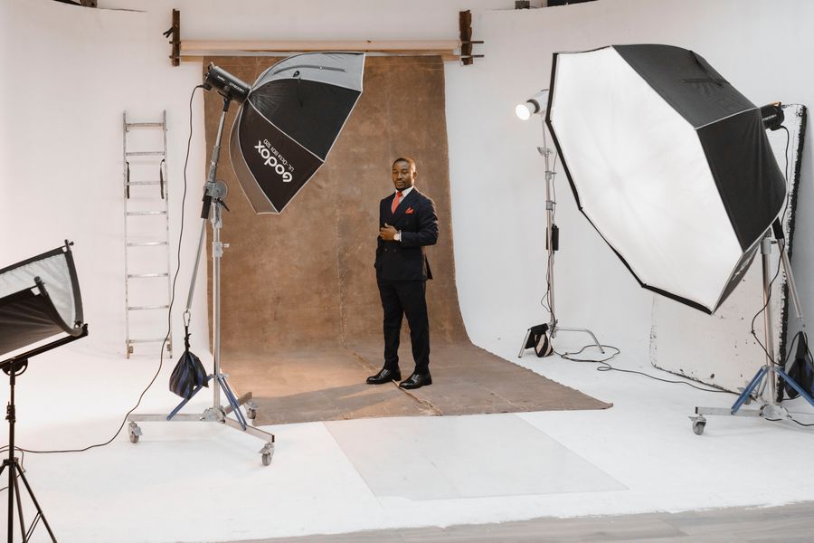 Professional portrait photography studio setup — PhotoAI Company — AI photo & design editor layers-panel mockup