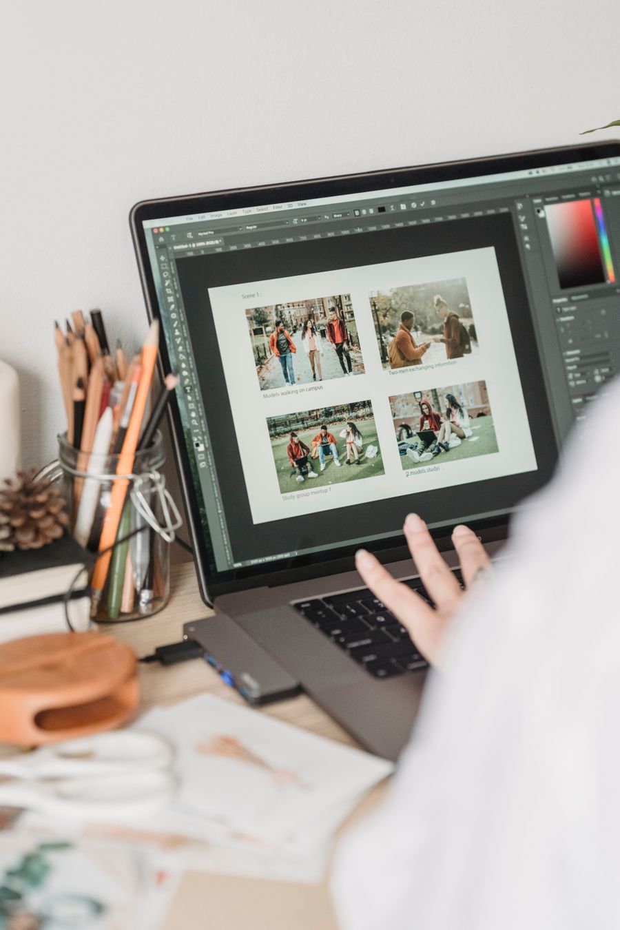 Anonymous woman retouching photos using netbook — Simple pricing, no watermarks, no gotchas layers-panel mockup