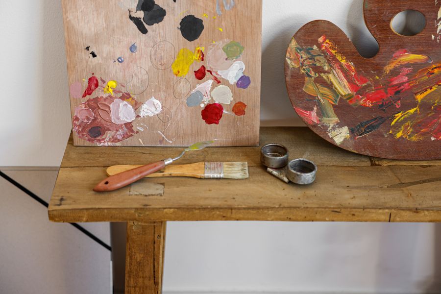 Artist palettes and brushes on bench — Add a Shape resize-canvas mockup