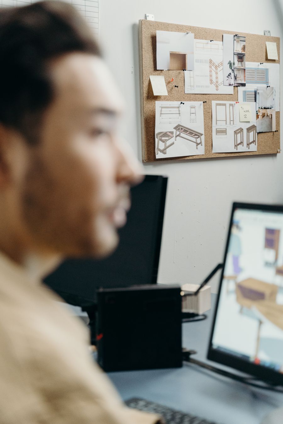 Cork board on wall near desk of manager — Export a Design editor mockup