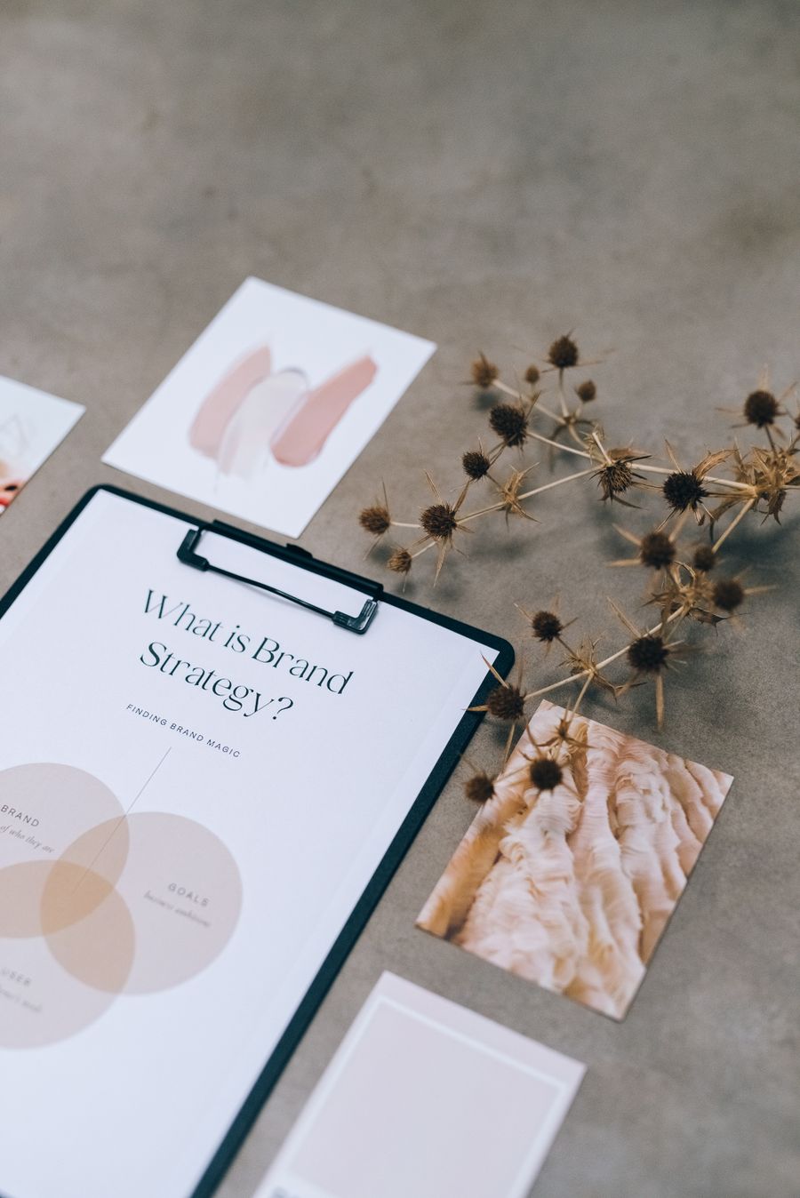 Clipboard with brand strategy among sample cards — AI that assists annotated figure