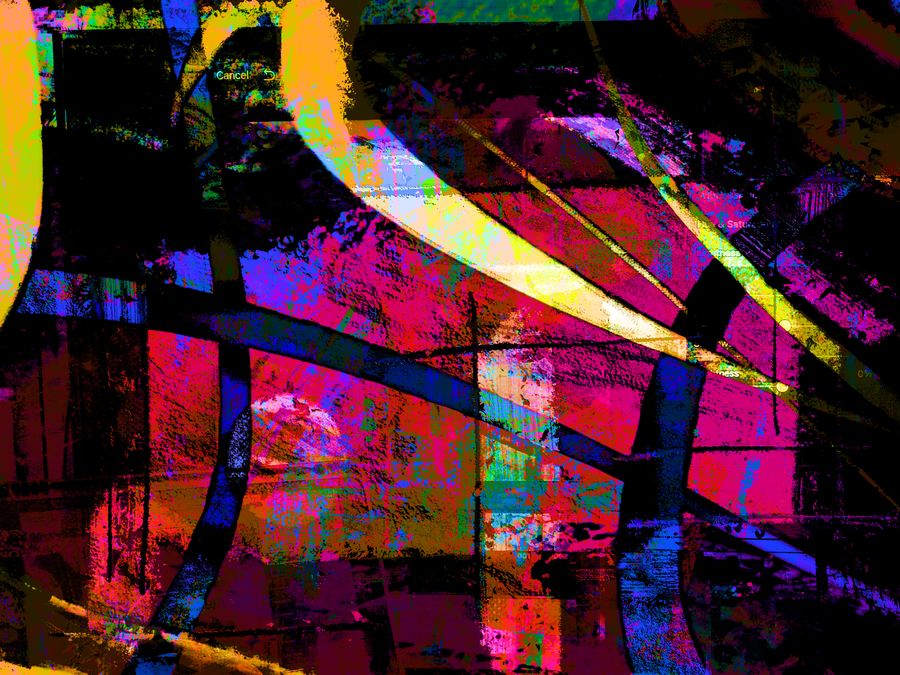 Abstract background with oversaturated geometric multicolored shapes — Layer photography under bold display type