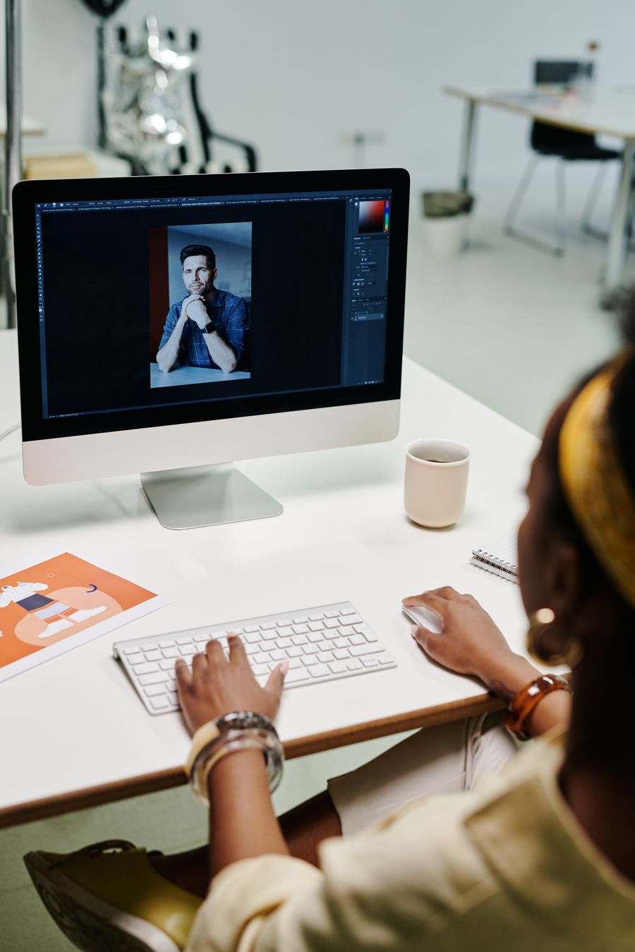 A woman using a computer — Documents templates layers-panel mockup
